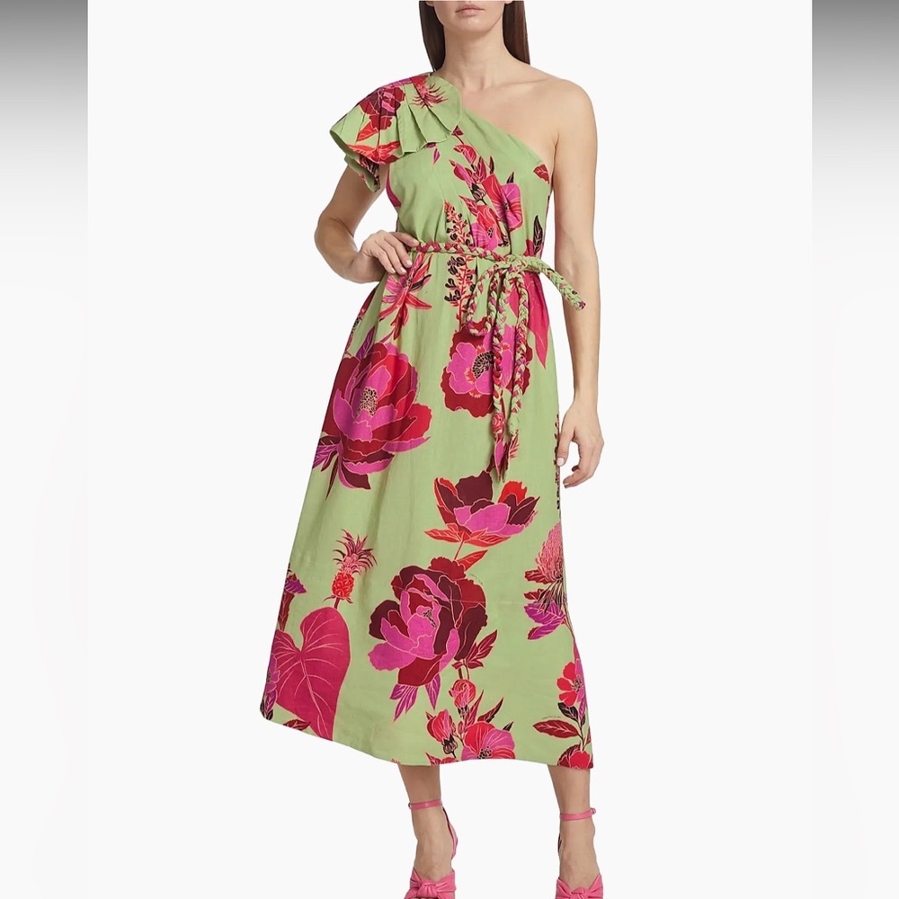Farm Rio Fresh Garden Floral Green One-Shoulder Midi Dress